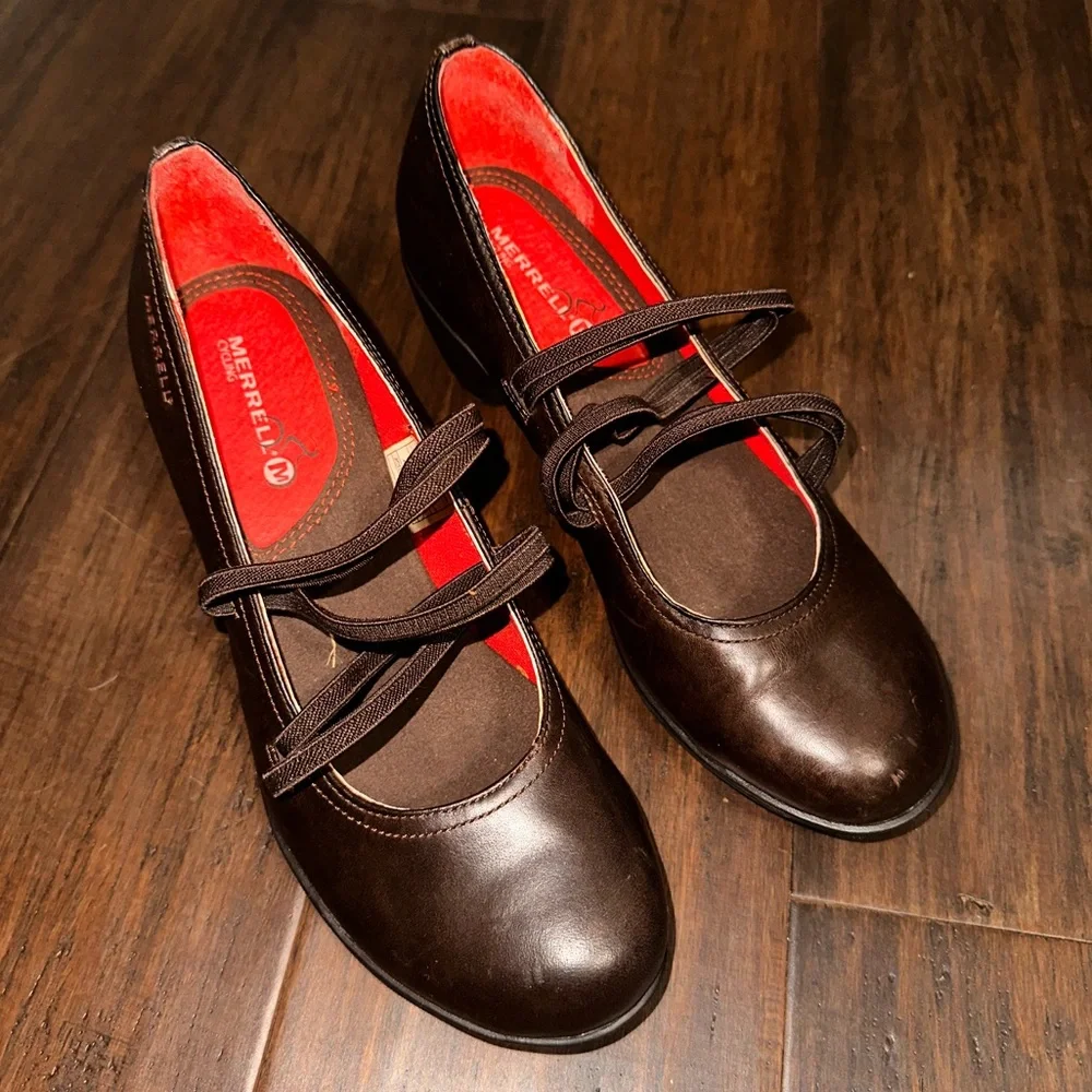 Merrell Evera Cross Mary Jane Brown Leather Comfort Heel Dark Academia Size 7